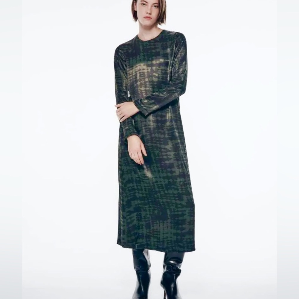 Zara Printed Satin‑Feel Viscose Midi Dress Olive Black Long Sleeve Pockets, Med.